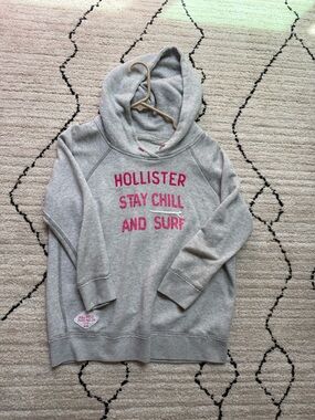 Hollister Light Gray Hoodie with Hot Pink Lettering